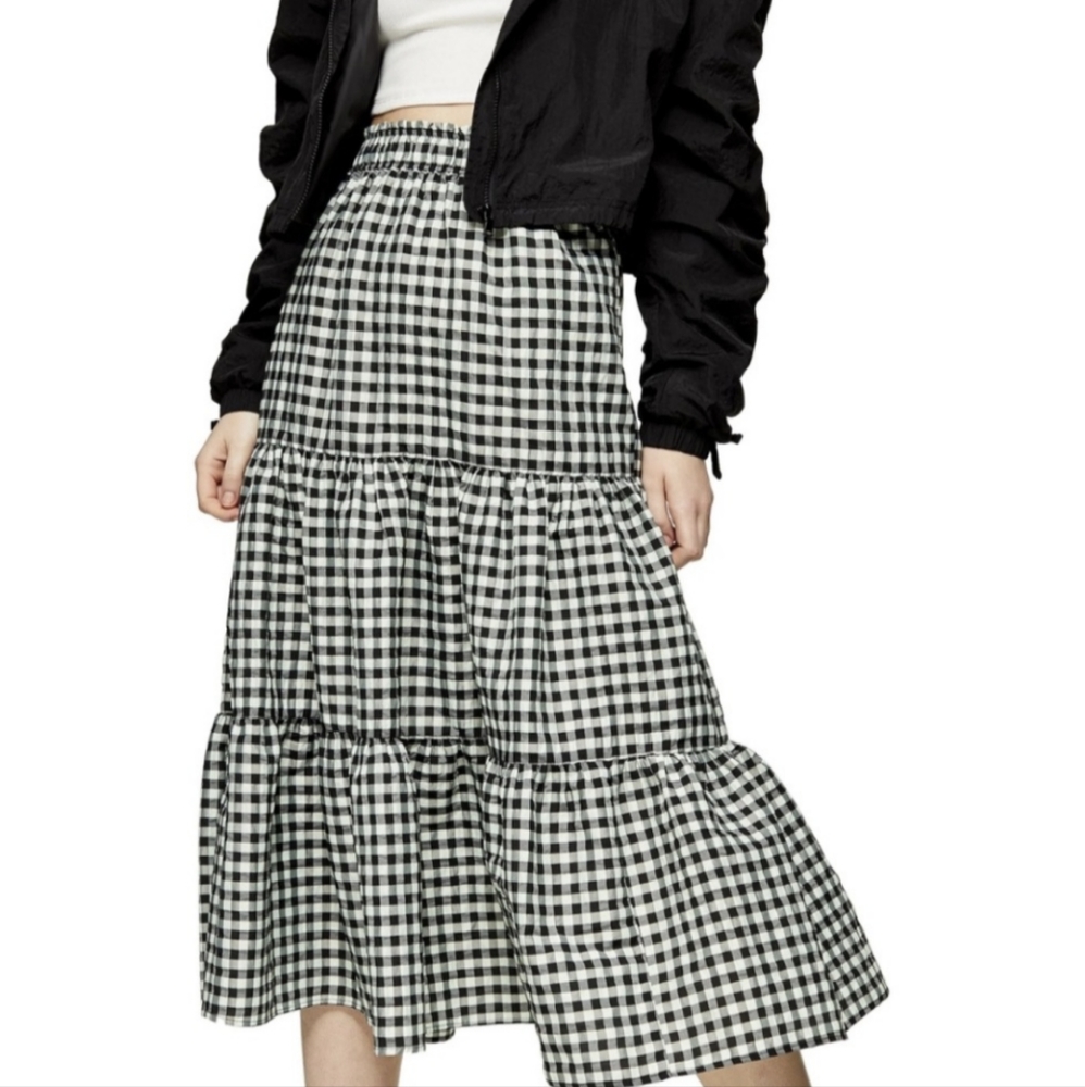 TOPSHOP Gingham Tiered Midi Skirt